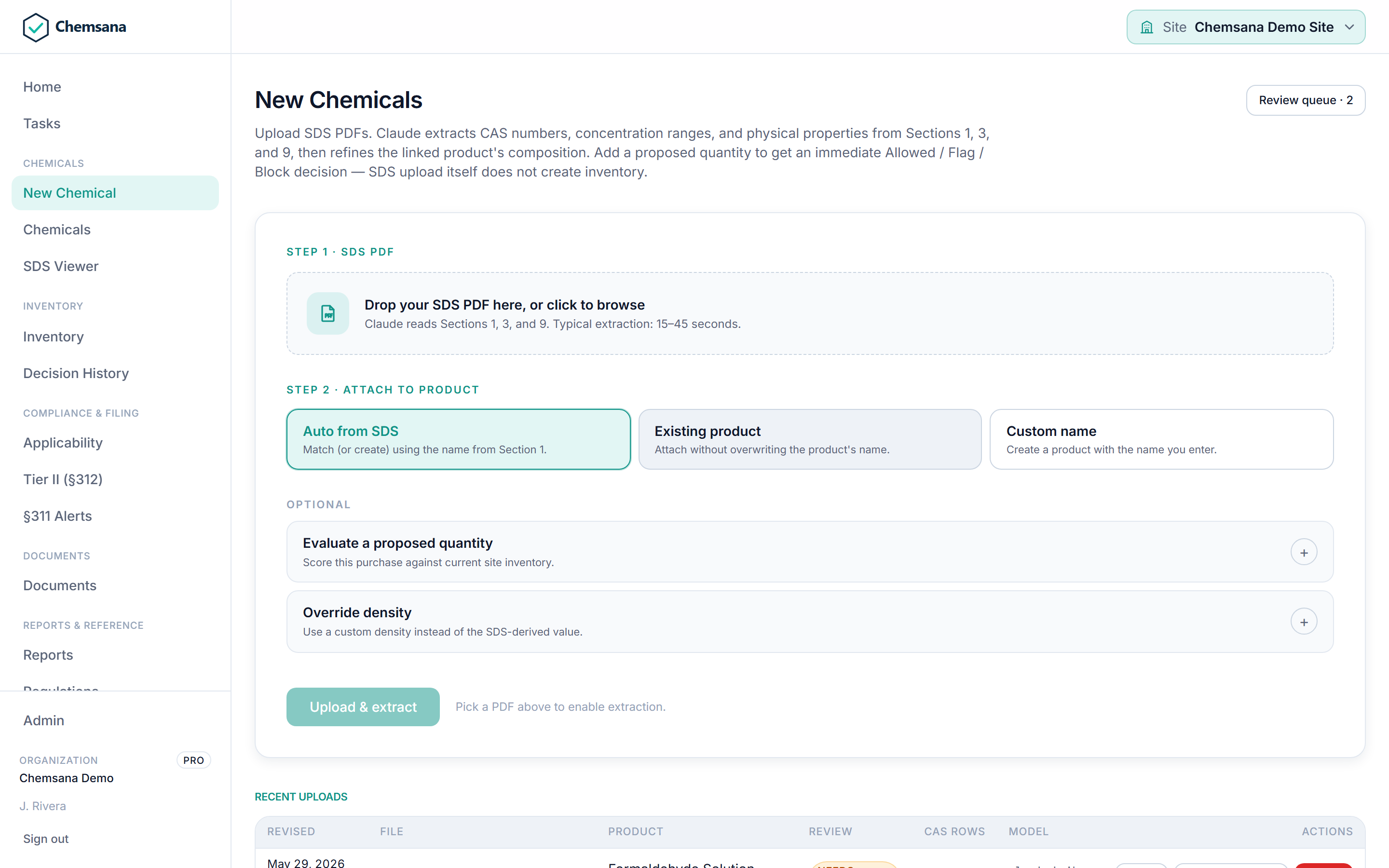 Chemsana new chemical intake: drop an SDS PDF, attach it to a product, optionally evaluate a proposed quantity, and review recent uploads with extraction status.