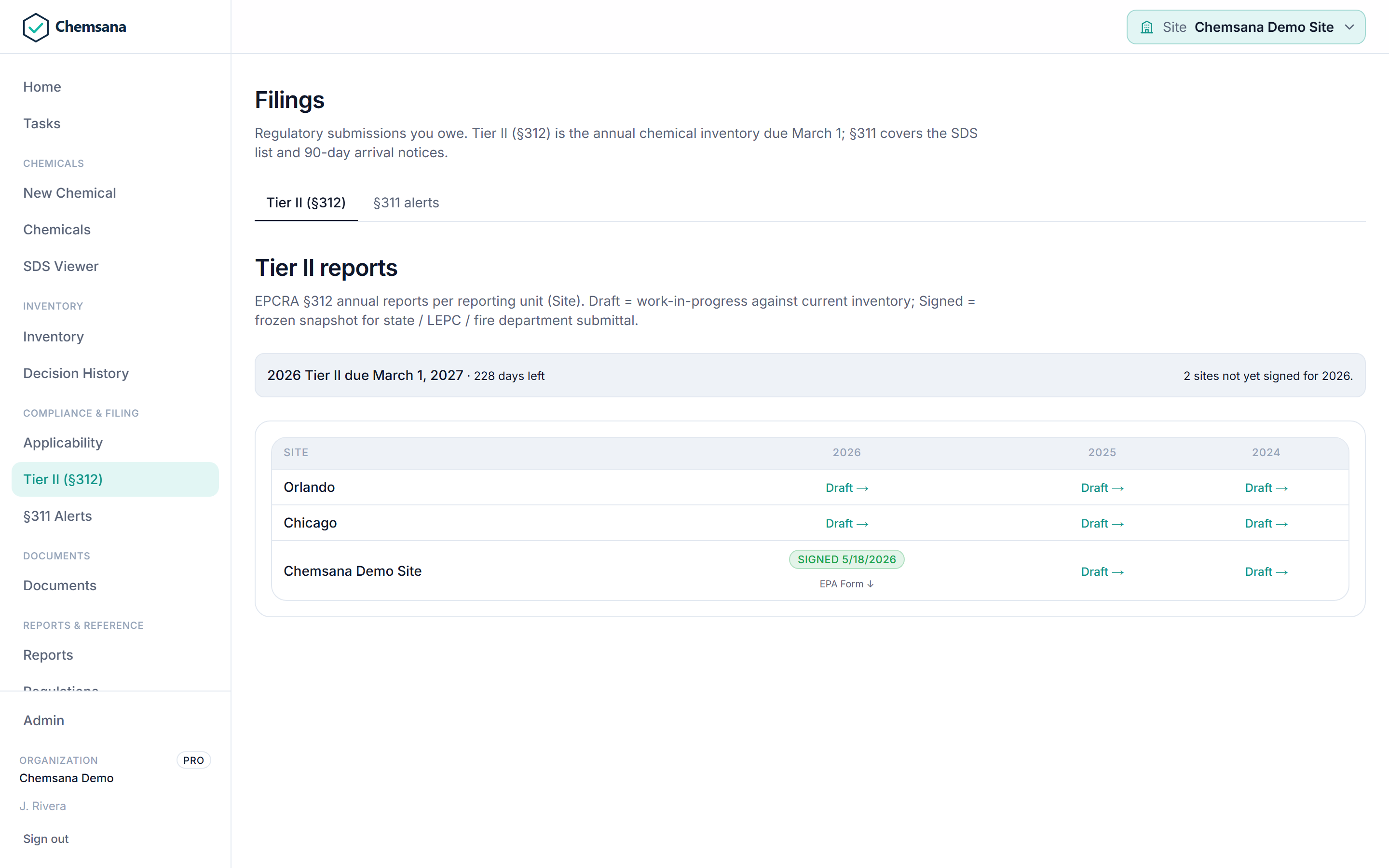 Chemsana Tier II filings: 2026 reports due March 1, 2027 with 228 days left, showing draft and signed status per site across 2026, 2025, and 2024, with EPA form download.