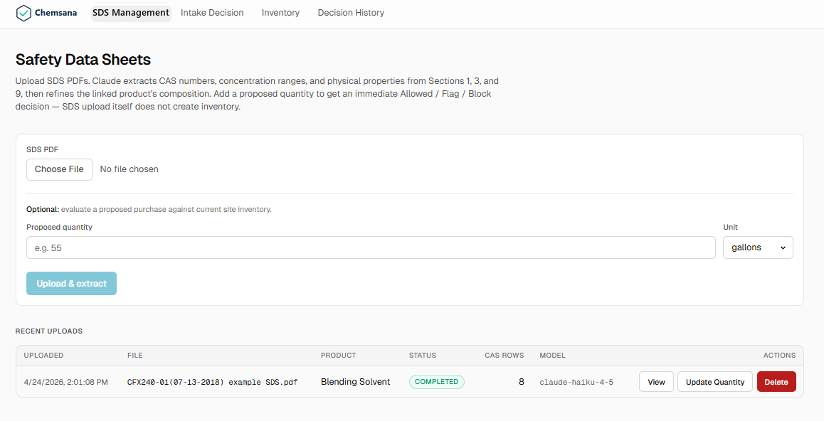 Chemsana SDS management: upload an SDS PDF, optionally evaluate a proposed quantity, view recent uploads with extraction status.